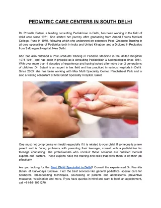 PEDIATRIC CARE CENTERS IN SOUTH DELHI