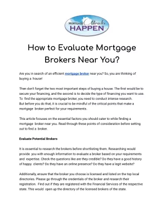 How to Evaluate Mortgage Brokers Near You?