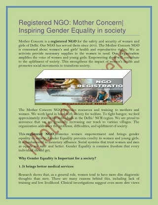 Registered NGO Mother Concern Inspiring Gender Equality in society