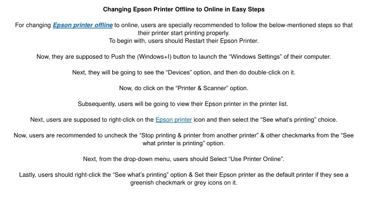 changing epson printer offline to online in easy