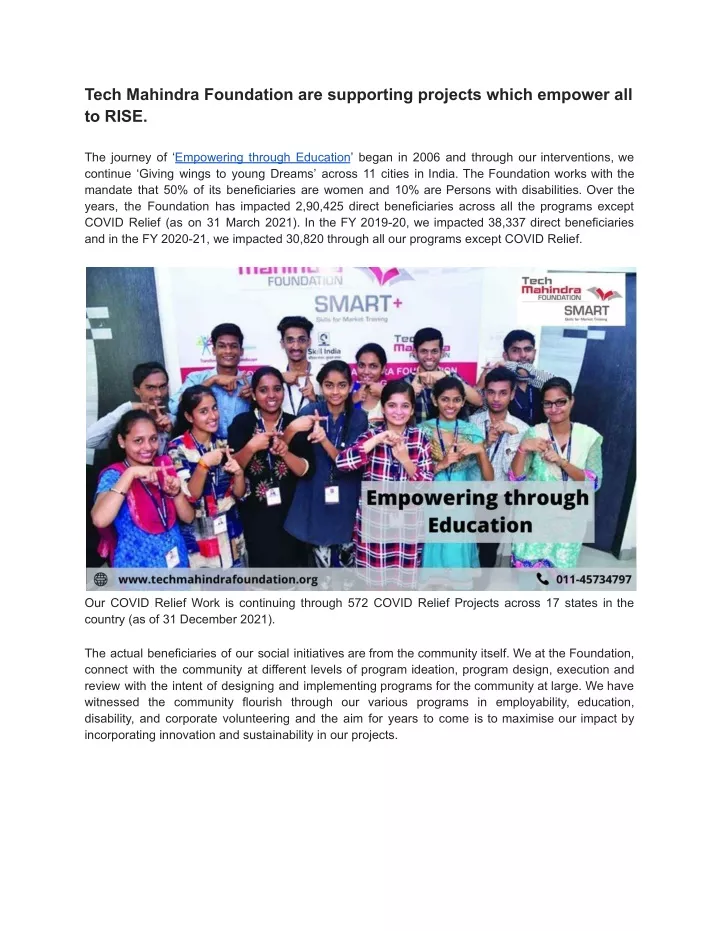 tech mahindra foundation are supporting projects