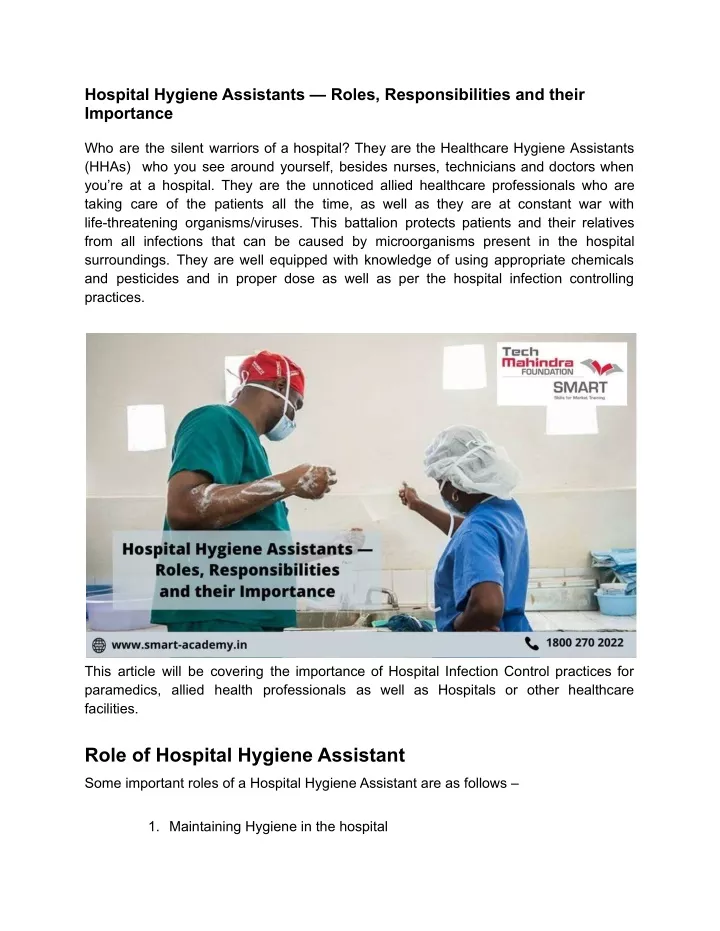 hospital hygiene assistants roles