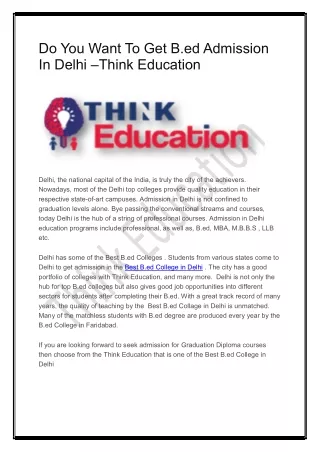 Do You Want To Get B.ed Admission In Delhi –Think Education