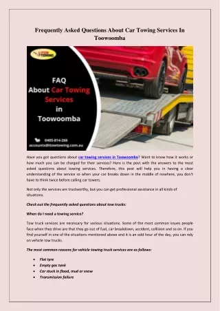 Frequently asked questions about car towing services in Toowoomba