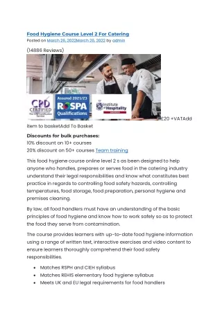 Food Hygiene Course Level 2 For Catering