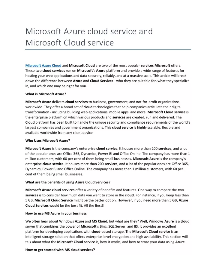 microsoft azure cloud service and microsoft cloud