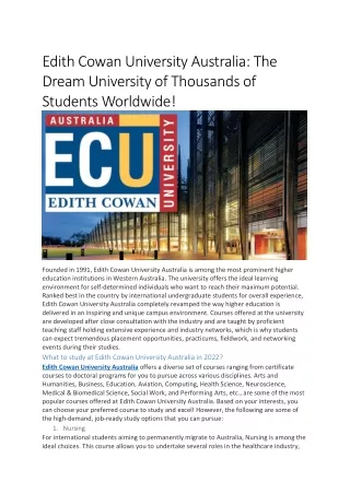 Edith Cowan University Australia: The Dream University of Thousands of Students