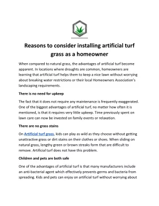 Reasons to consider installing artificial turf grass as a homeowner.docx