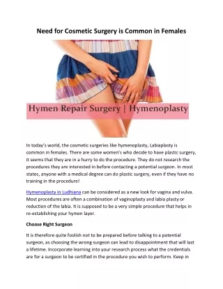 Need for Cosmetic Surgery is Common in Females