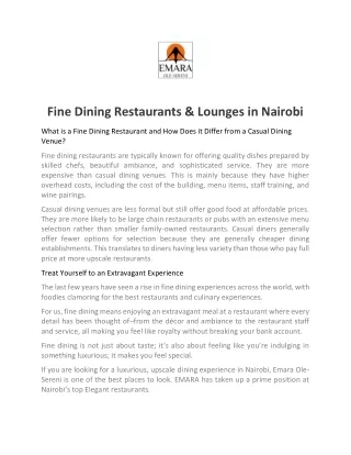 Fine Dining Restaurants & Lounges in Nairobi