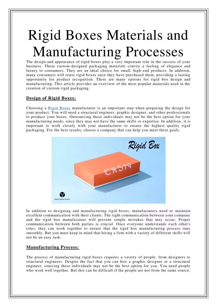 rigid boxes materials and manufacturing processes