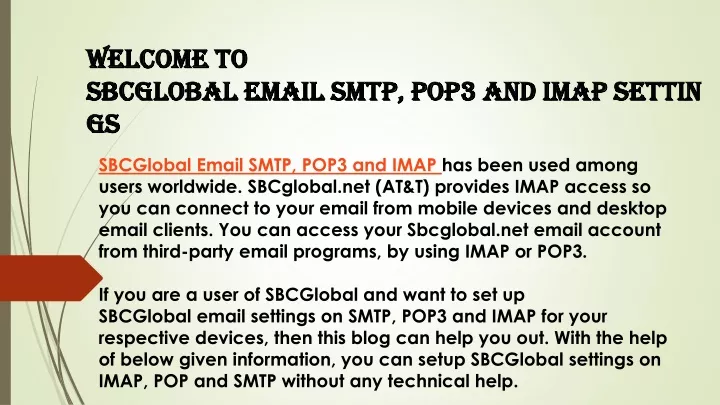 welcome to sbcglobal email smtp pop3 and imap