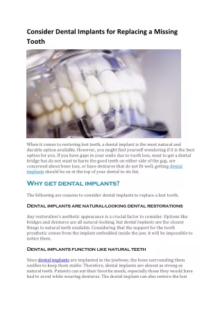 Consider Dental Implants for Replacing a Missing Tooth