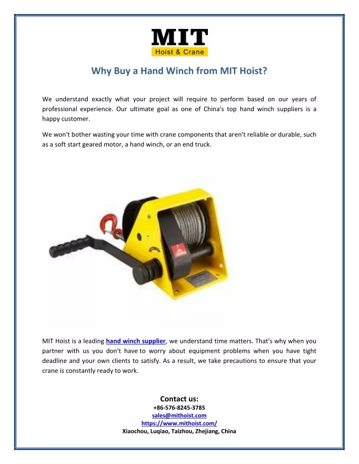 why buy a hand winch from mit hoist