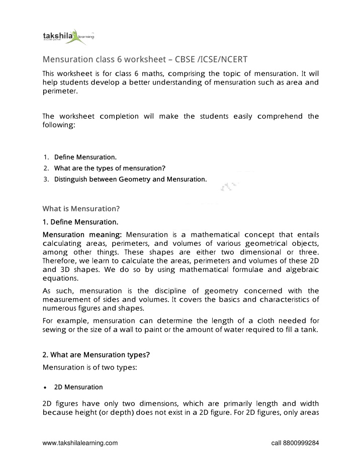 mensuration class 6 worksheet cbse icse ncert