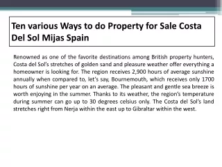 Ten various Ways to do Property for Sale Costa Del Sol Mijas Spain