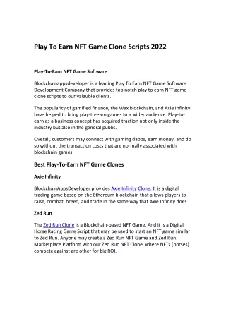 play to earn nft game clone scripts 2022