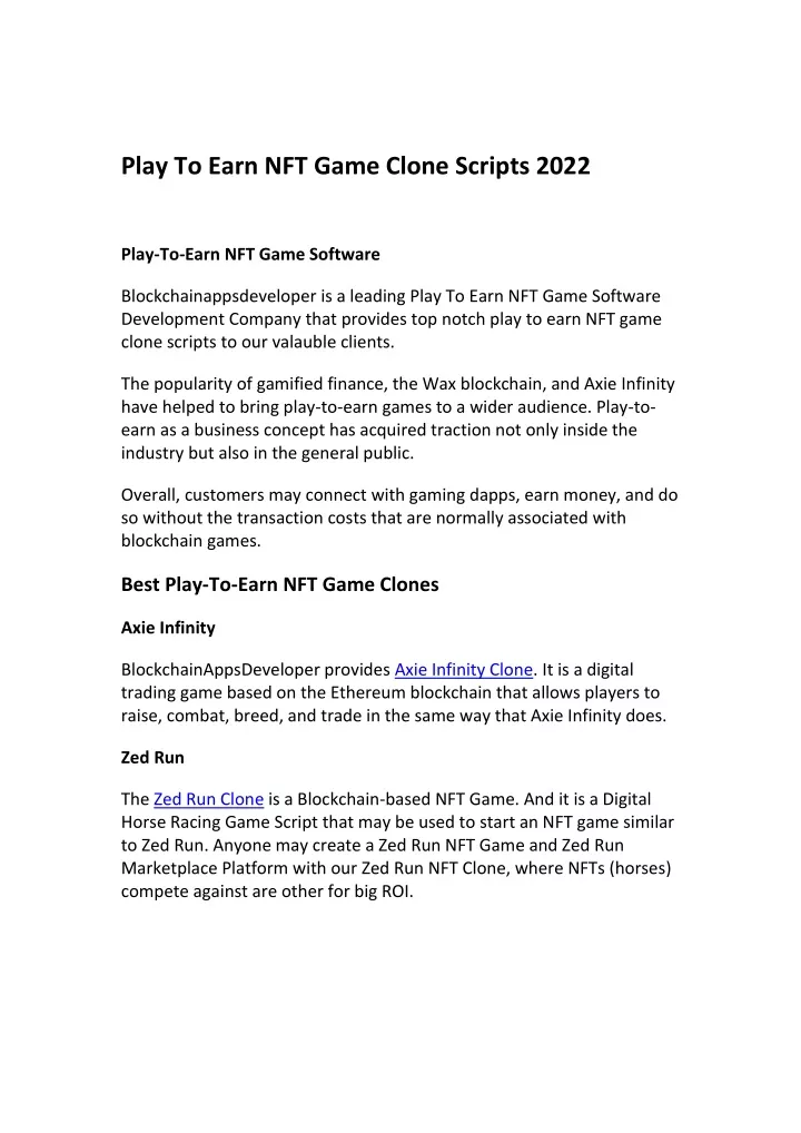 play to earn nft game clone scripts 2022