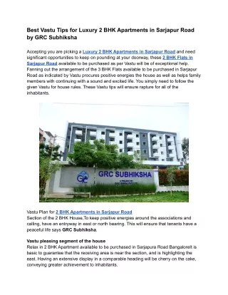 Best Vastu Tips for Luxury 2 BHK Apartments in Sarjapur Road by GRC Subhiksha