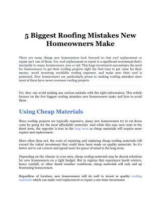 5 Biggest Roofing Mistakes New Homeowners Make