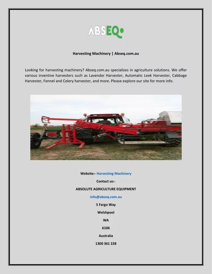 harvesting machinery abseq com au
