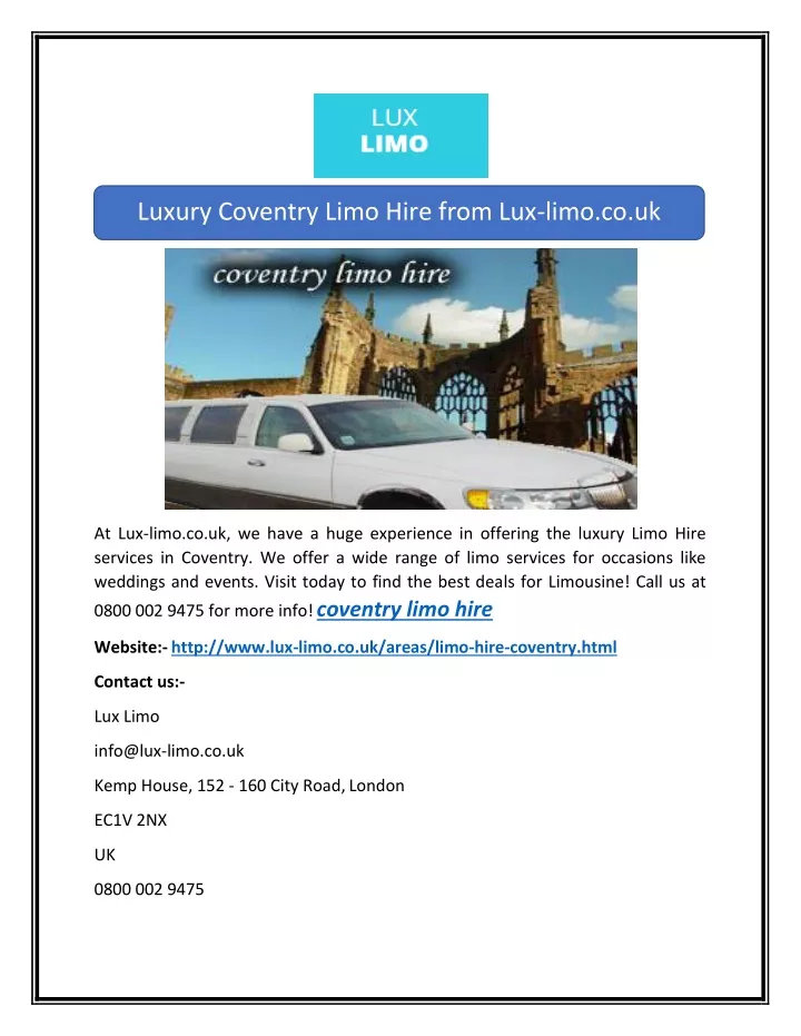 luxury coventry limo hire from lux limo co uk