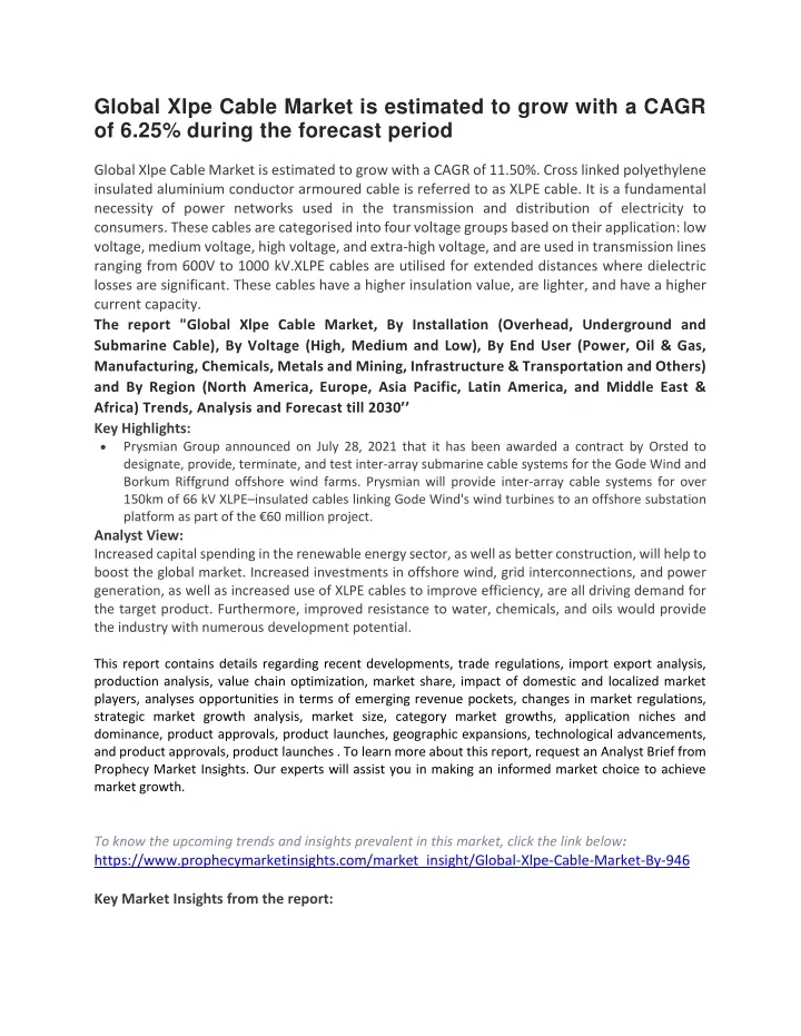 global xlpe cable market is estimated to grow