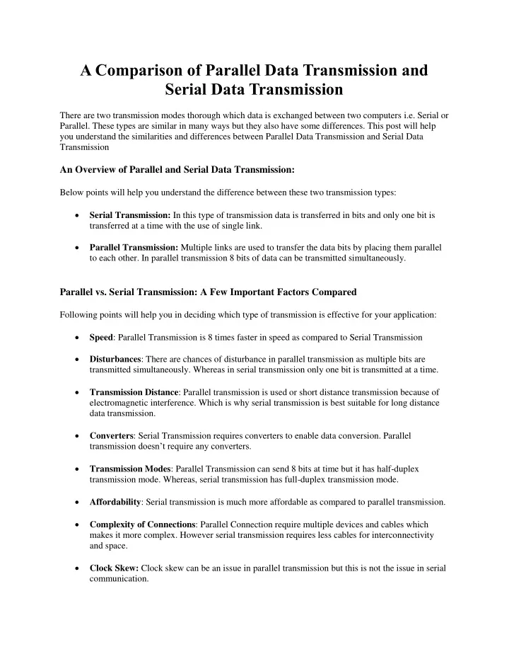 a comparison of parallel data transmission