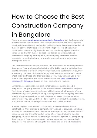 How to Choose the Best Construction Company in Bangalore