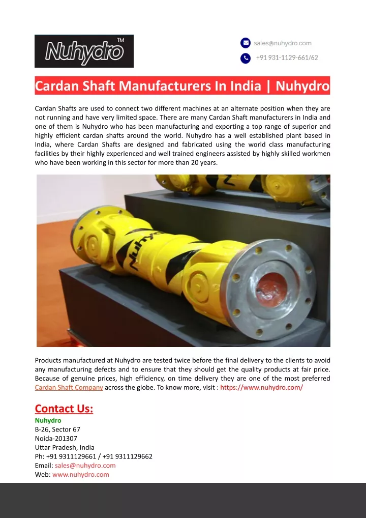 cardan shaft manufacturers in india nuhydro