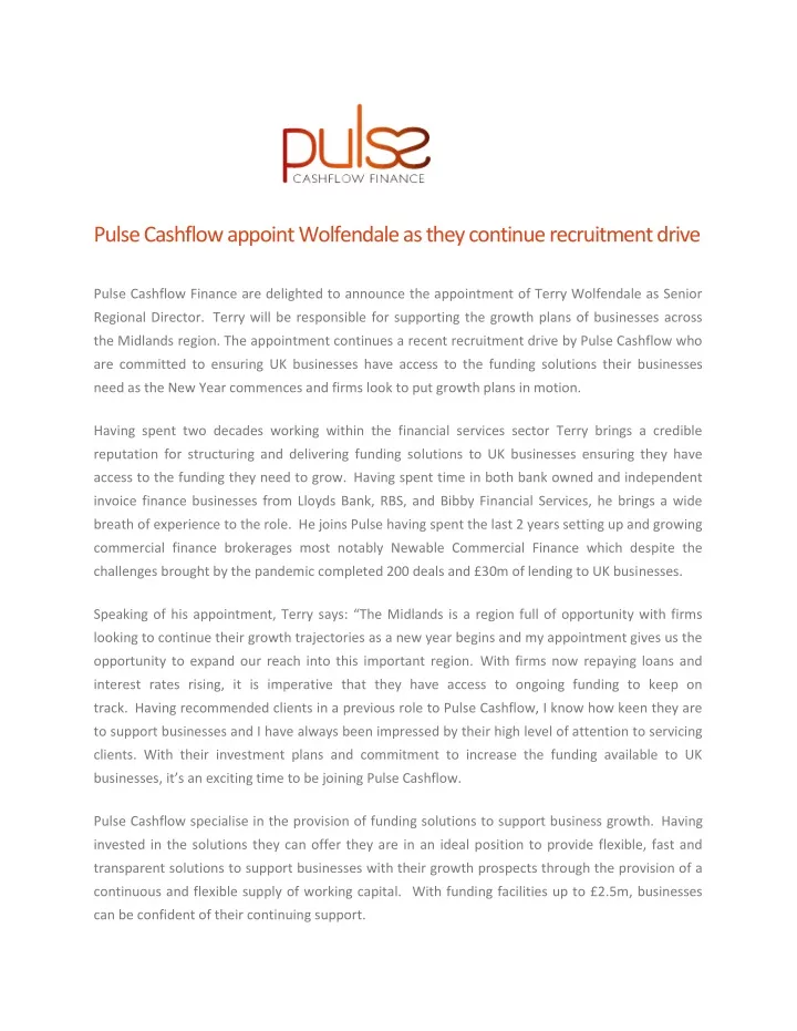 pulse cashflow appoint wolfendale as they