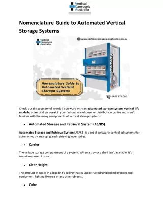 Nomenclature Guide to Automated Vertical Storage Systems