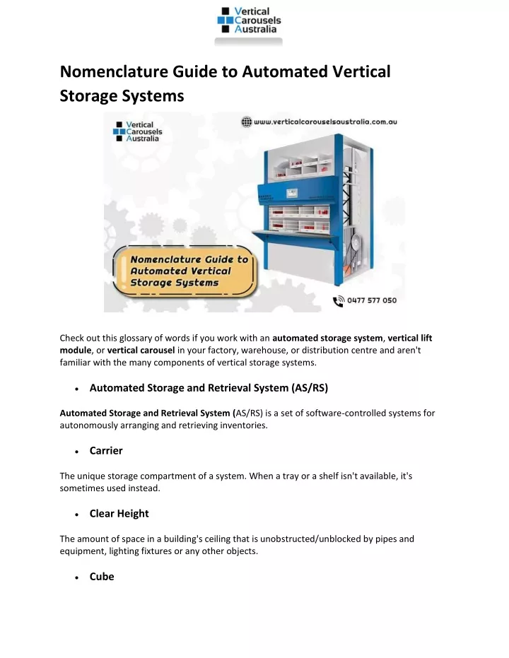 nomenclature guide to automated vertical storage