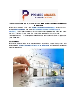 Home construction tips by Premier Abodes, best House Construction Companies in Bangalore