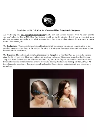 Reach Out to Nile Hair Care for a Successful Hair Transplant in Bangalore
