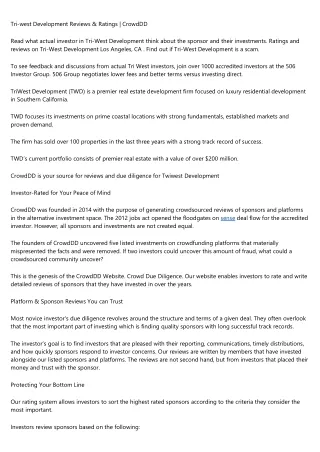 Tri-west Development Reviews & Ratings | CrowdDD