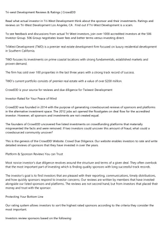 Tri-west Development Reviews & Ratings | CrowdDD