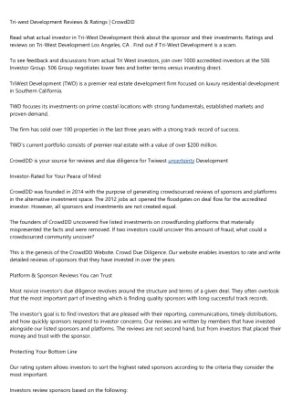 Tri-west Development Reviews & Ratings | CrowdDD