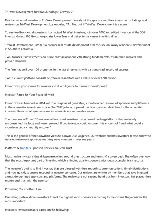 Tri-west Development Reviews & Ratings | CrowdDD