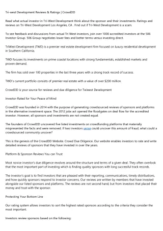Tri-west Development Reviews & Ratings | CrowdDD