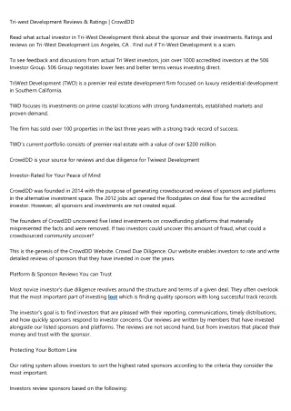 Tri-west Development Reviews & Ratings | CrowdDD