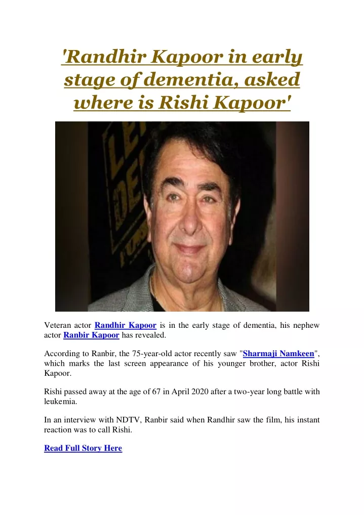 randhir kapoor in early stage of dementia asked