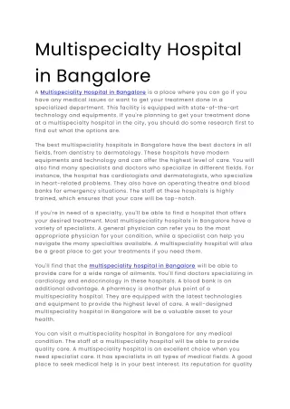 Multispecialty Hospital in Bangalore