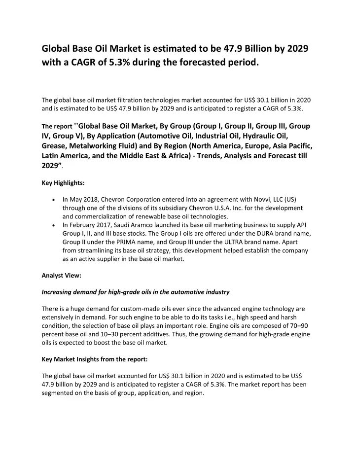 global base oil market is estimated