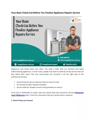 Your Basic Check-List Before You Finalize Appliance Repairs Service