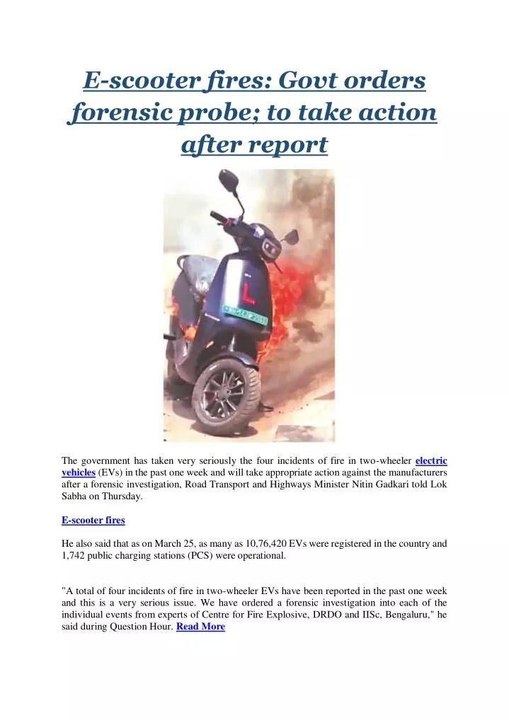 e scooter fires govt orders forensic probe