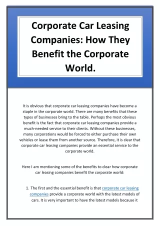 Corporate Car Leasing Companies How They Benefit the Corporate World.