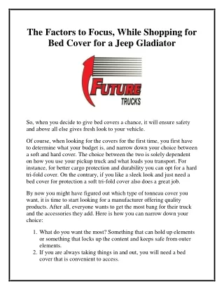 The Factors to Focus, While Shopping for Bed Cover for a Jeep Gladiator