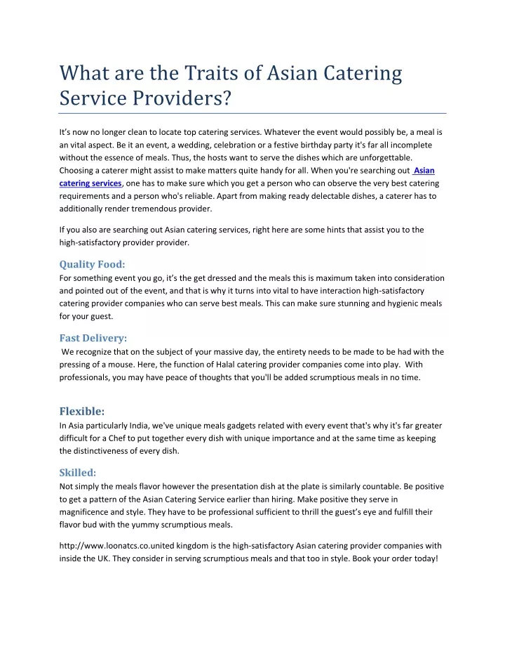 what are the traits of asian catering service
