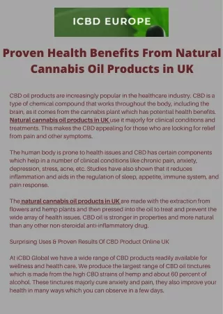 Proven Health Benefits From Natural Cannabis Oil Products in UK